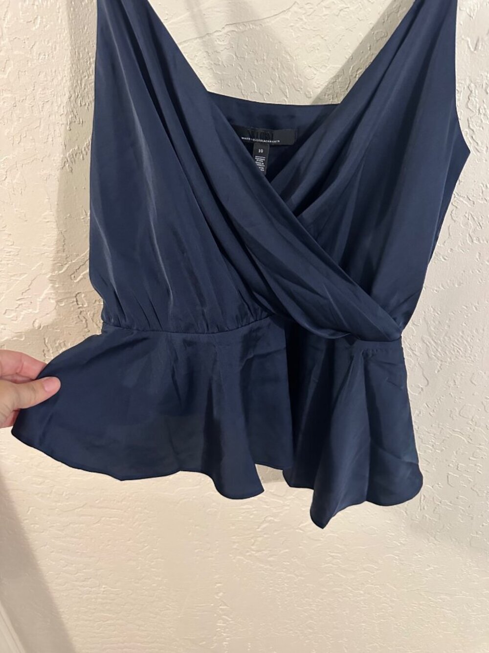 NWT WHBM Deep Blue Silky Sexy Asymmetrical Peplum Crossover Surplice Cami - Picture 3 of 9